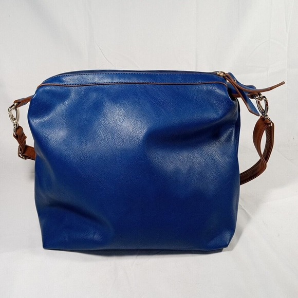 Liz Soto Vegan Leather Purse Navy Blue with Brown Removeable Strap, 12 x 12 Inch - Picture 7 of 7